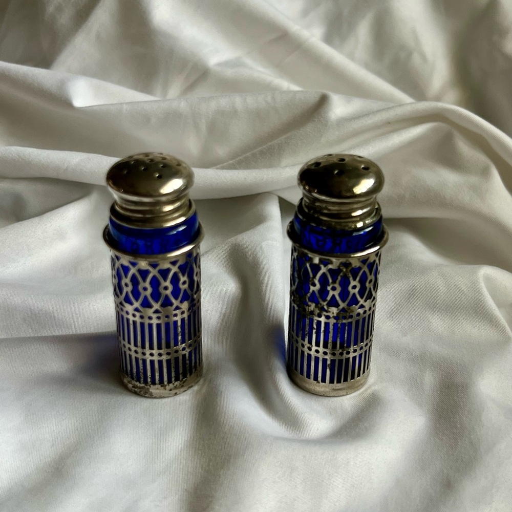 Vintage Blue and Silver plated Salt and Pepper Shakers